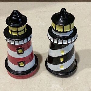 Vintage Lighthouse Salt Pepper Shakers Black White and Red White